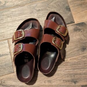 Birkenstock Brown Double-Strap Slide Sandals with Gold Buckles